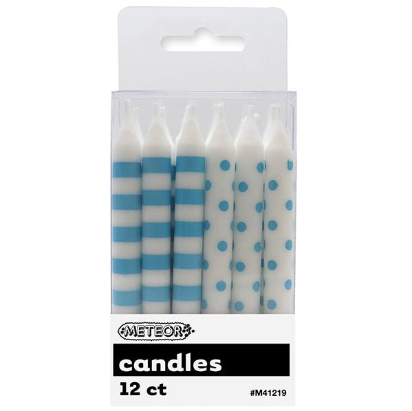 Dots & Stripes Candles - Powder Blue (Pack of 12) - The Party Marketplace