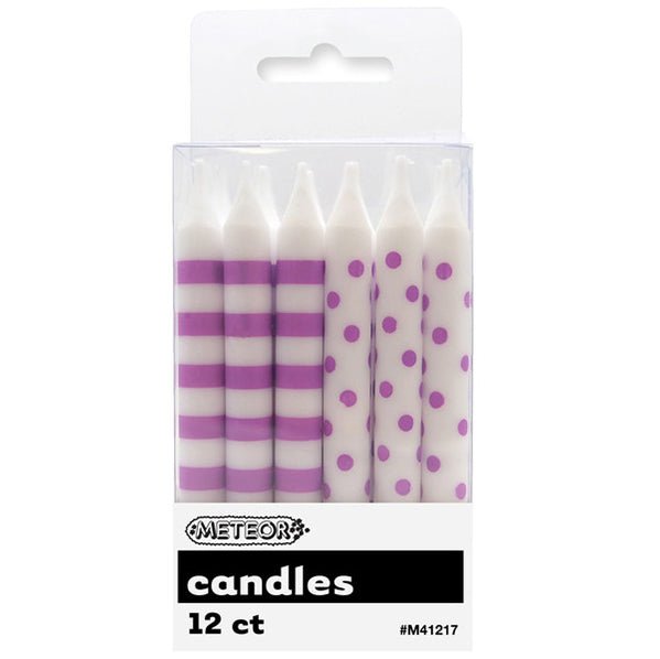 Dots & Stripes Candles - Pretty Purple (Pack of 12) - The Party Marketplace