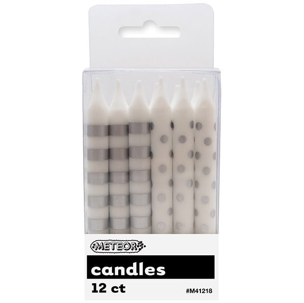 Dots & Stripes Candles - Silver (Pack of 12) - The Party Marketplace