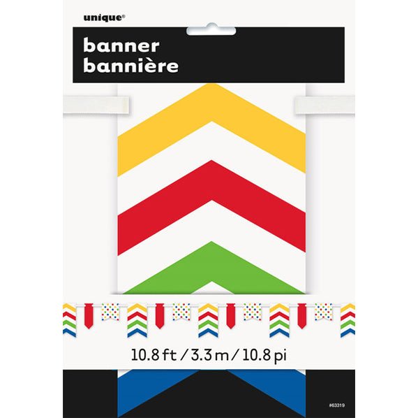 Dots, Stripes & Chevron Paper Pennant Banner - Bold Multi Colour 3.6m - The Party Marketplace