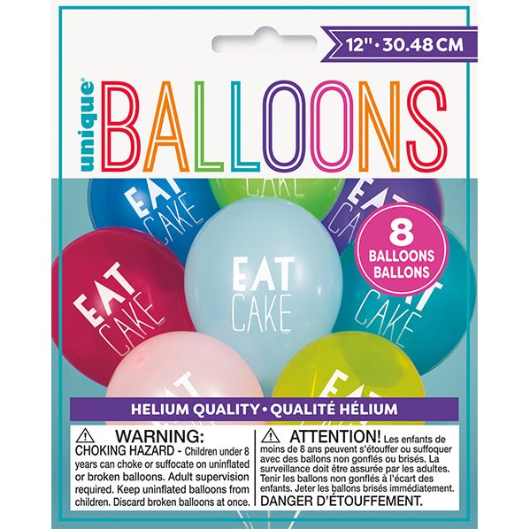 "Eat Cake" Assorted Colours Balloons 30cm (Pack of 8) - The Party Marketplace