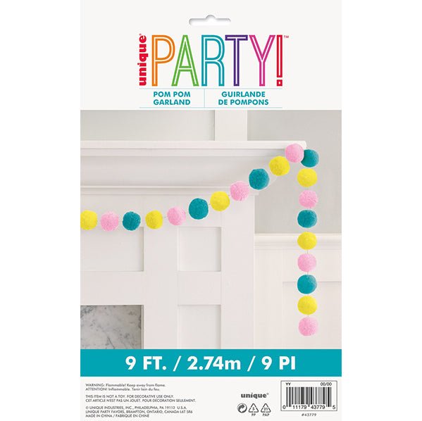Felt Pom Pom Garland - Pink, Yellow & Teal (2.74m) - The Party Marketplace
