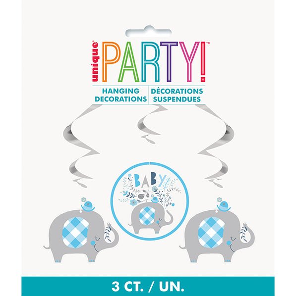Floral Elephant Baby Shower Blue Hanging Swirl Decorations (Pack of 3) - The Party Marketplace