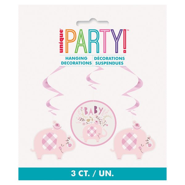 Floral Elephant Baby Shower Pink Hanging Swirl Decorations (Pack of 3) - The Party Marketplace