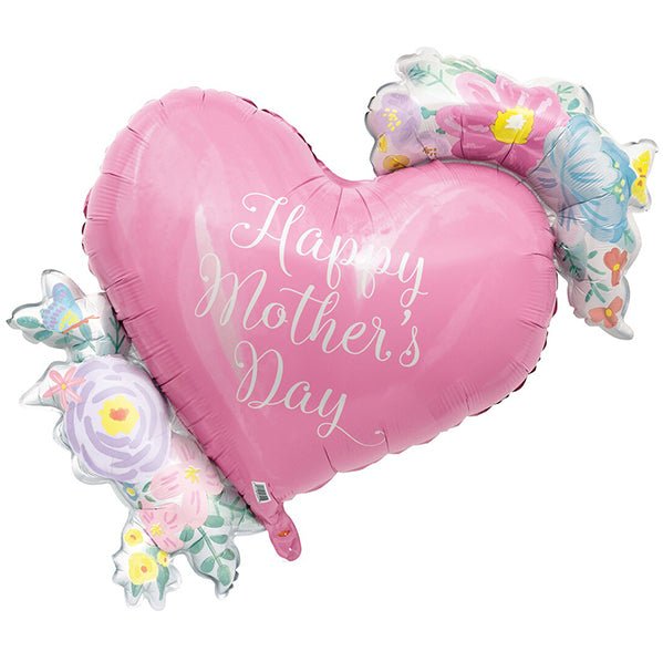 Flowerly "Happy Mother's Day" Jumbo Heart Foil Balloon With Ribbon - The Party Marketplace