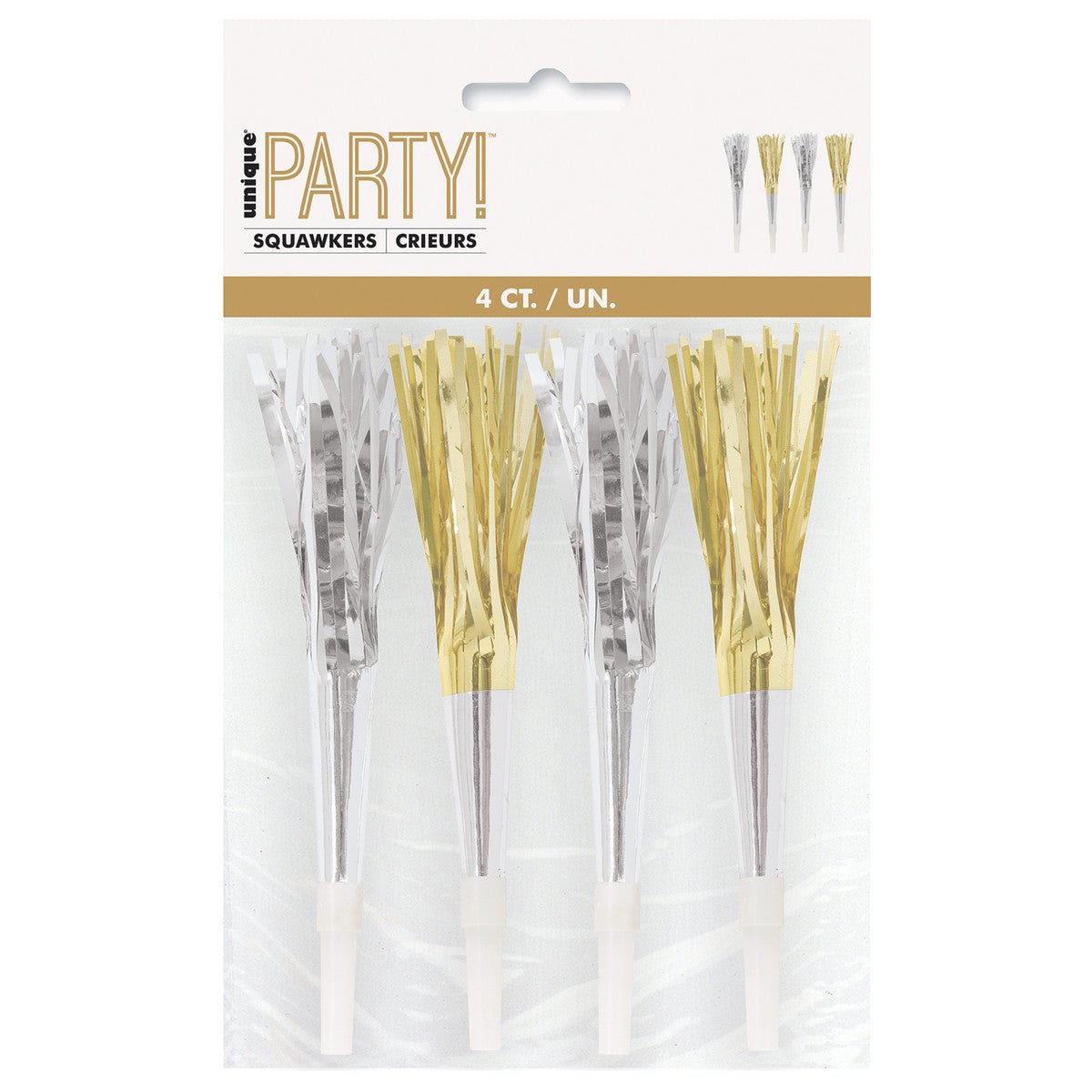 Fringed Squawkers - Gold & Silver (Pack of 4) - The Party Marketplace