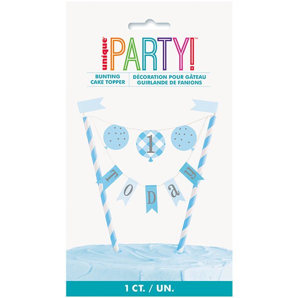 Gingham 1st Birthday Blue Bunting Cake Topper - The Party Marketplace