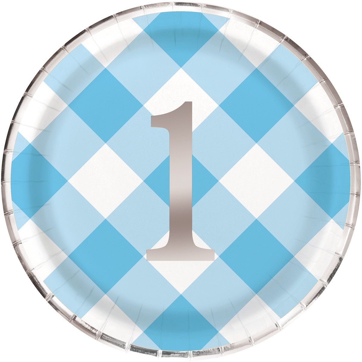 Gingham 1st Birthday Blue Foil Stamped Paper Plates 23cm (Pack of 8) - The Party Marketplace