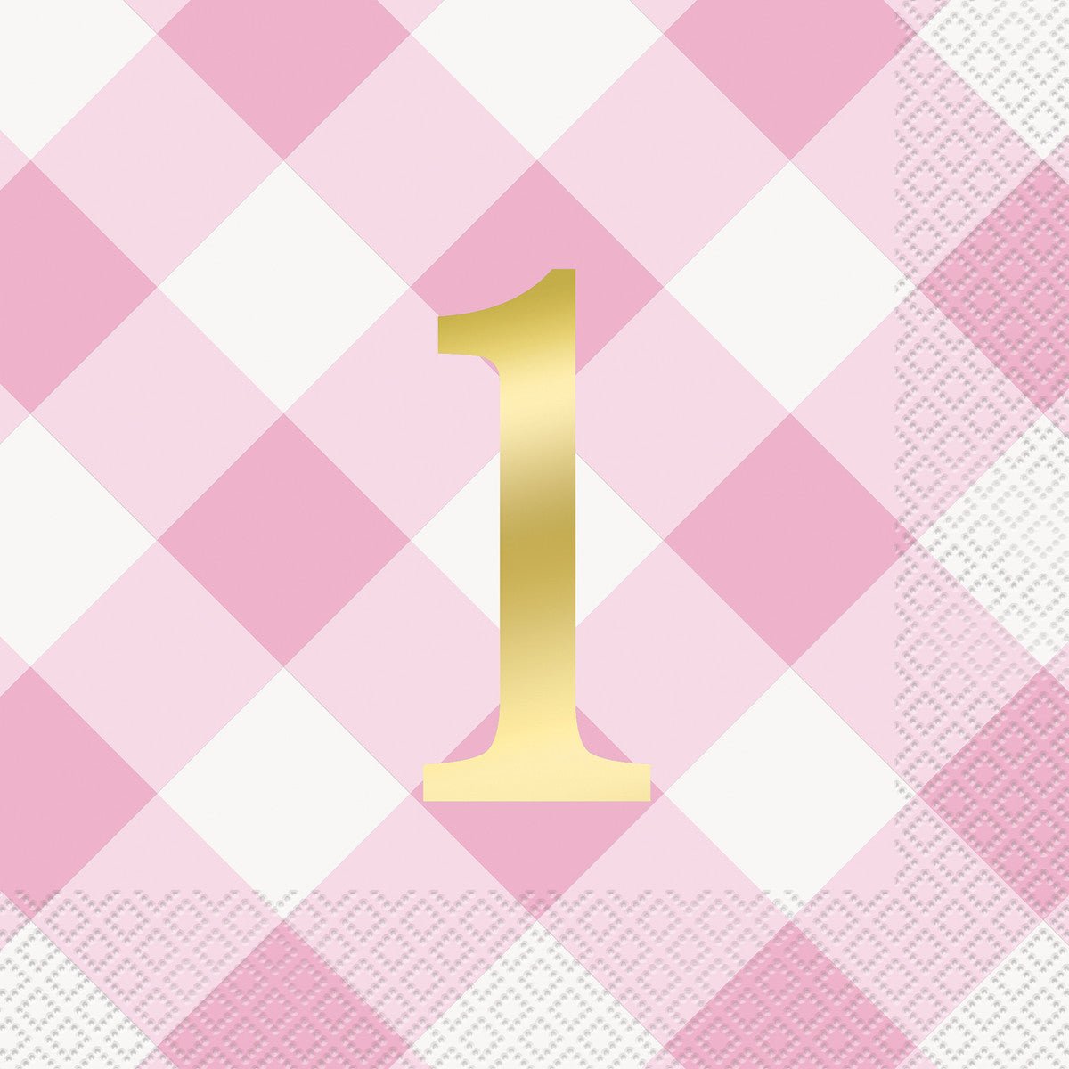 Gingham 1st Birthday Pink Foil Stamped Luncheon Napkins (Pack of 16) - The Party Marketplace