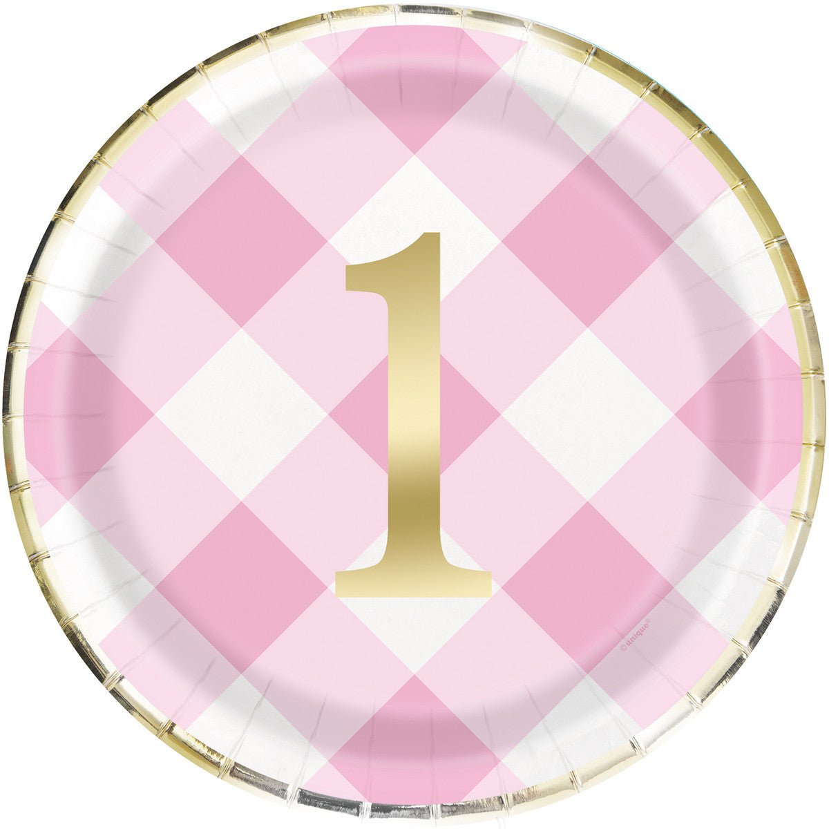 Gingham 1st Birthday Pink Foil Stamped Paper Plates 23cm (Pack of 8) - The Party Marketplace
