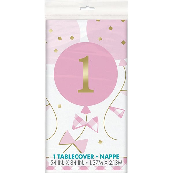 Gingham 1st Birthday Pink Printed Tablecover 137cm x 213cm - The Party Marketplace