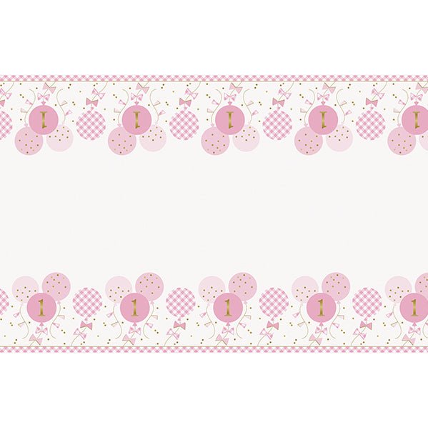 Gingham 1st Birthday Pink Printed Tablecover 137cm x 213cm - The Party Marketplace