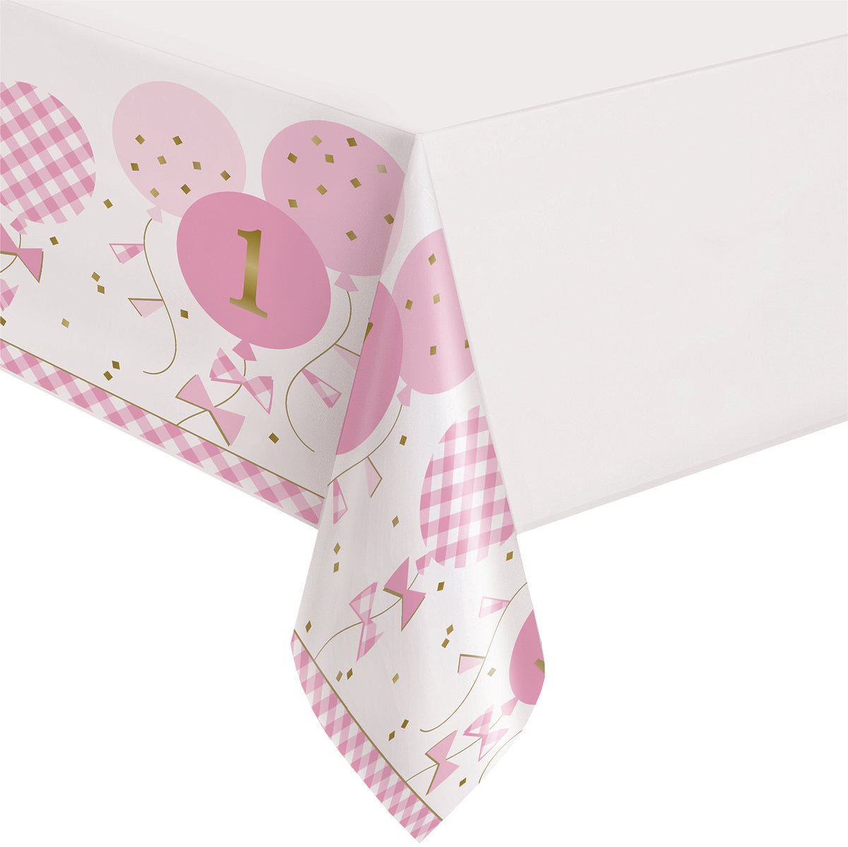 Gingham 1st Birthday Pink Printed Tablecover 137cm x 213cm - The Party Marketplace