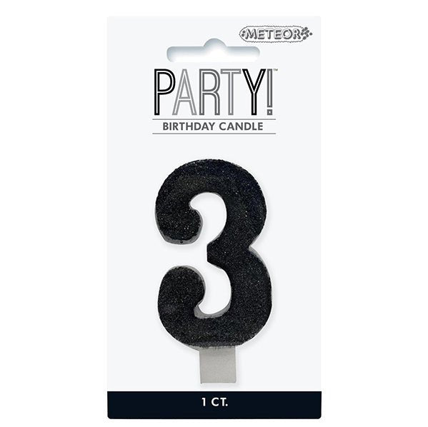 Glitter Black Numeral Candle - 3 - The Party Marketplace