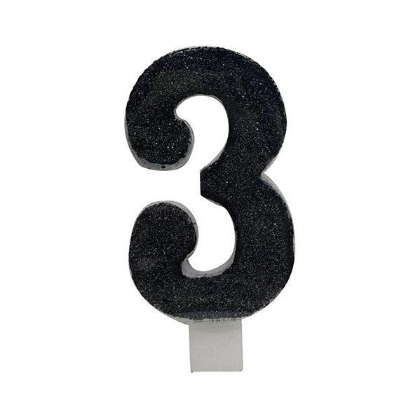 Glitter Black Numeral Candle - 3 - The Party Marketplace