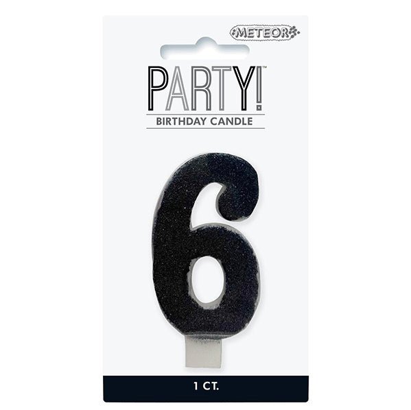 Glitter Black Numeral Candle - 6 - The Party Marketplace
