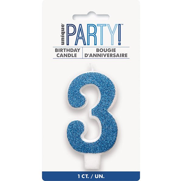Glitter Blue Numeral Candle - 3 - The Party Marketplace