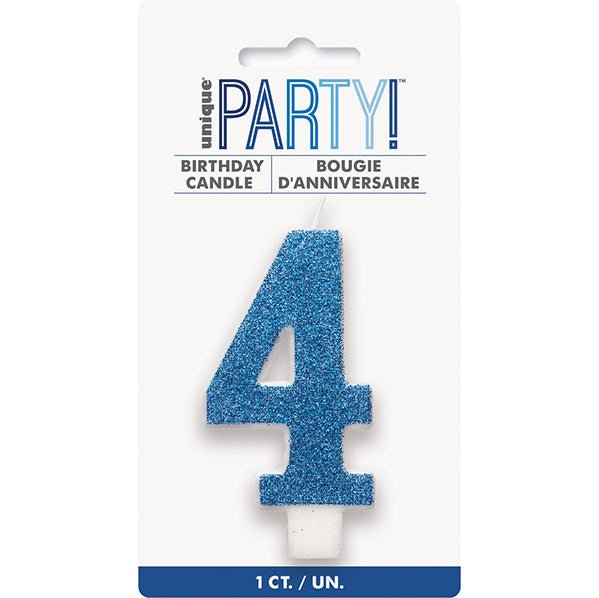 Glitter Blue Numeral Candle - 4 - The Party Marketplace