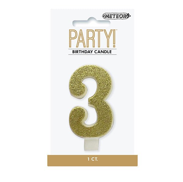 Glitter Gold Numeral Candle - 3 - The Party Marketplace