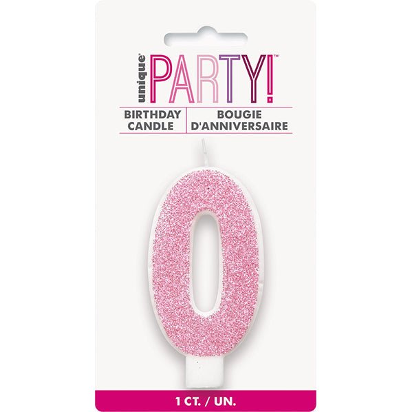 Glitter Pink Numeral Candle - 0 - The Party Marketplace