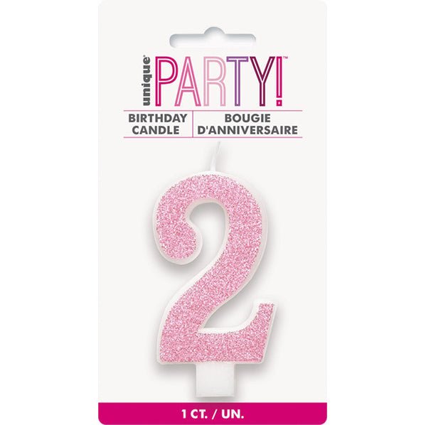 Glitter Pink Numeral Candle - 2 - The Party Marketplace