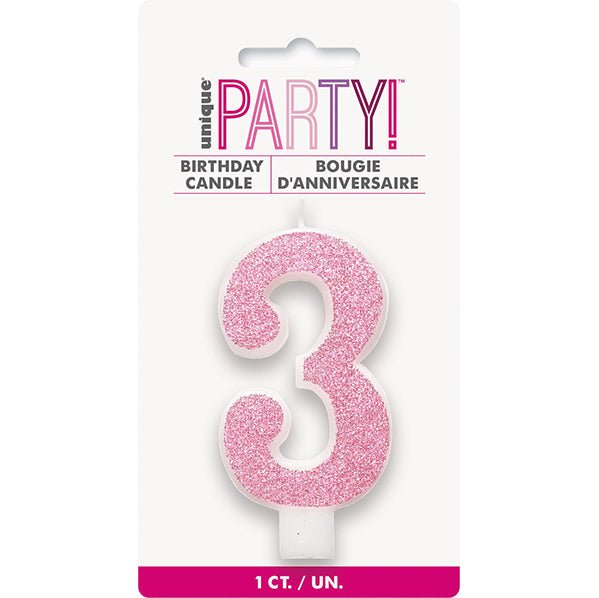 Glitter Pink Numeral Candle - 3 - The Party Marketplace