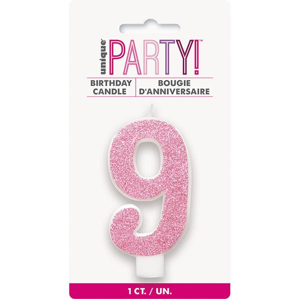 Glitter Pink Numeral Candle - 9 - The Party Marketplace