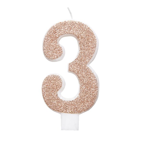 Glitter Rose Gold Numeral Candle - 3 - The Party Marketplace