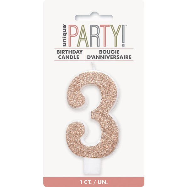 Glitter Rose Gold Numeral Candle - 3 - The Party Marketplace