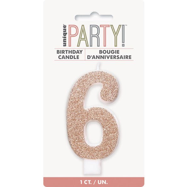 Glitter Rose Gold Numeral Candle - 6 - The Party Marketplace