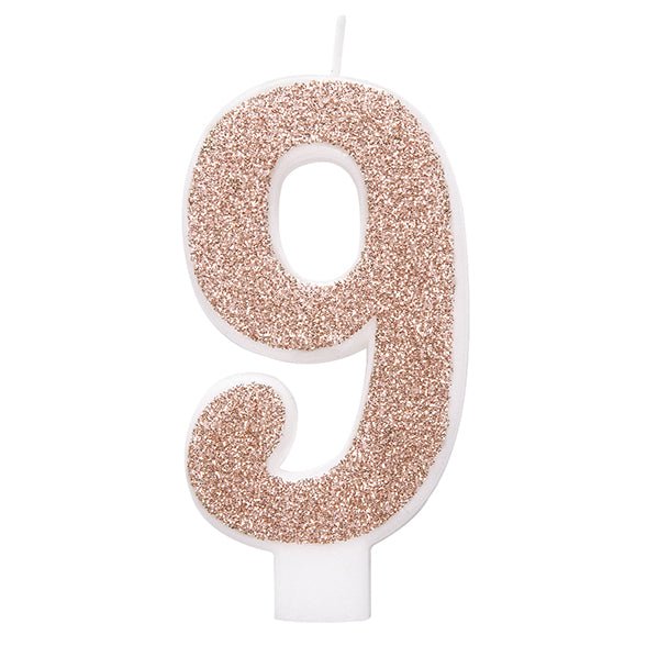 Glitter Rose Gold Numeral Candle - 9 - The Party Marketplace
