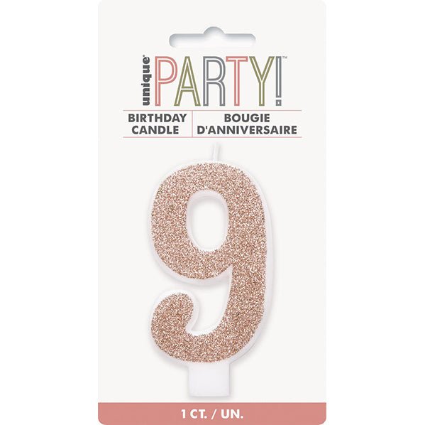 Glitter Rose Gold Numeral Candle - 9 - The Party Marketplace