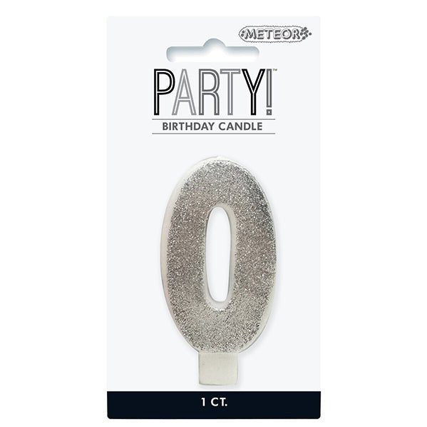 Glitter Silver Numeral Candle - 0 - The Party Marketplace