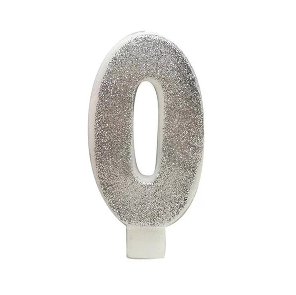 Glitter Silver Numeral Candle - 0 - The Party Marketplace