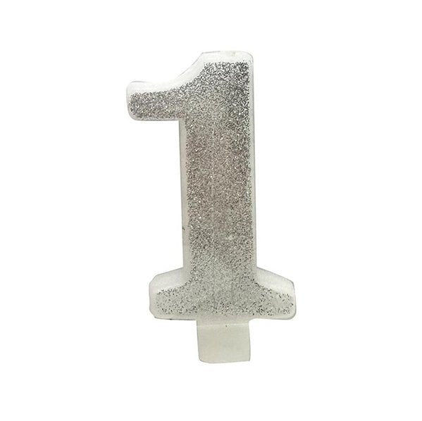 Glitter Silver Numeral Candle - 1 - The Party Marketplace