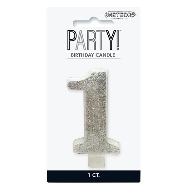Glitter Silver Numeral Candle - 1 - The Party Marketplace