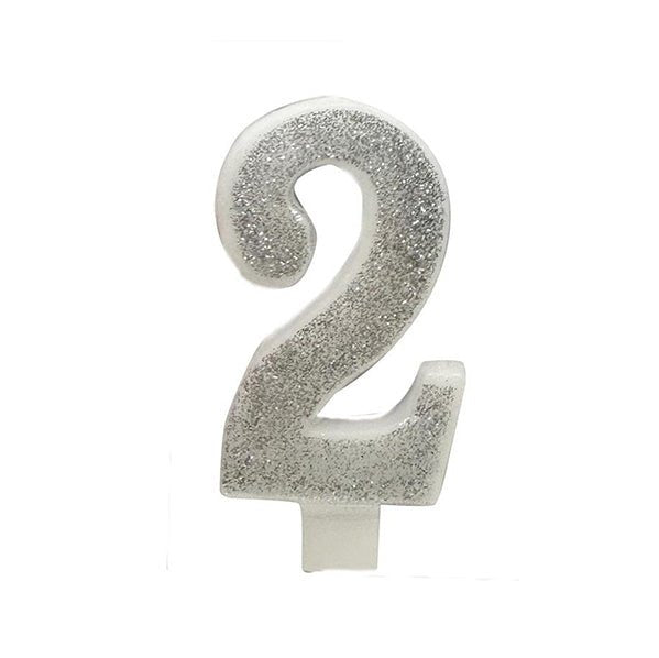 Glitter Silver Numeral Candle - 2 - The Party Marketplace