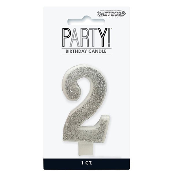 Glitter Silver Numeral Candle - 2 - The Party Marketplace