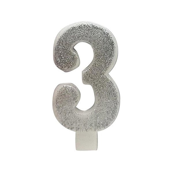 Glitter Silver Numeral Candle - 3 - The Party Marketplace