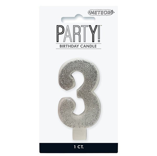 Glitter Silver Numeral Candle - 3 - The Party Marketplace