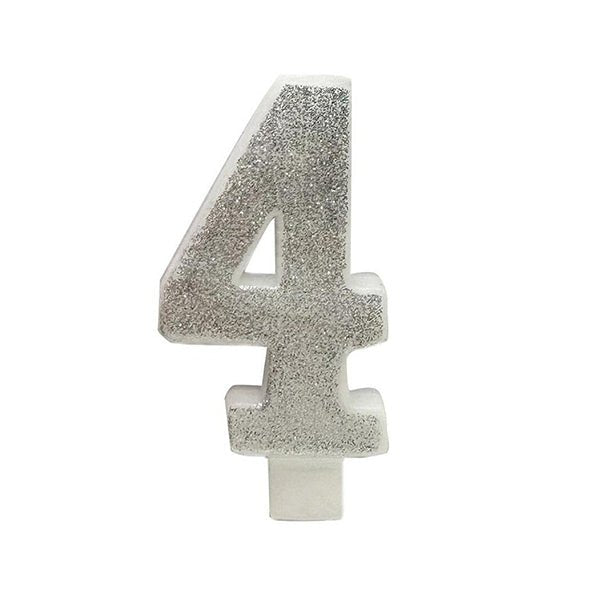 Glitter Silver Numeral Candle - 4 - The Party Marketplace