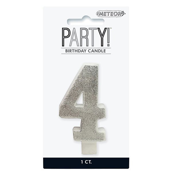 Glitter Silver Numeral Candle - 4 - The Party Marketplace
