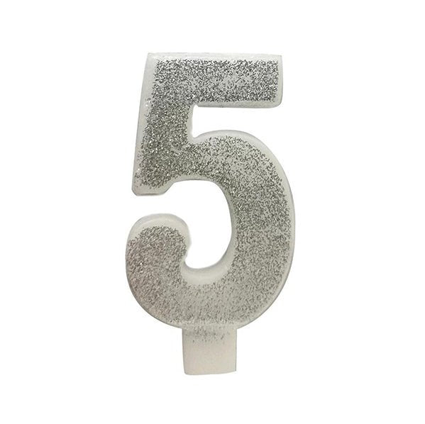 Glitter Silver Numeral Candle - 5 - The Party Marketplace
