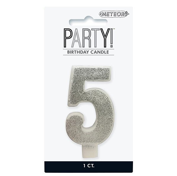Glitter Silver Numeral Candle - 5 - The Party Marketplace