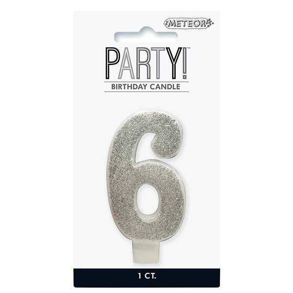 Glitter Silver Numeral Candle - 6 - The Party Marketplace