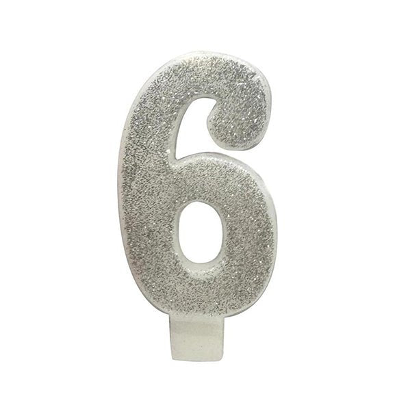 Glitter Silver Numeral Candle - 6 - The Party Marketplace