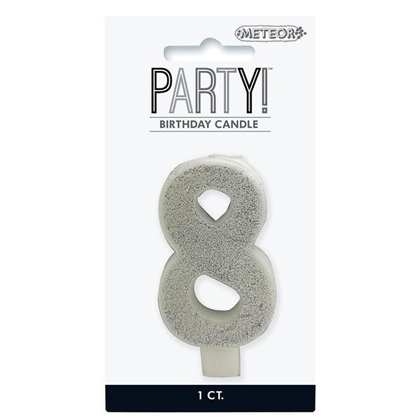Glitter Silver Numeral Candle - 8 - The Party Marketplace