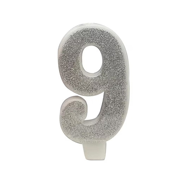 Glitter Silver Numeral Candle - 9 - The Party Marketplace