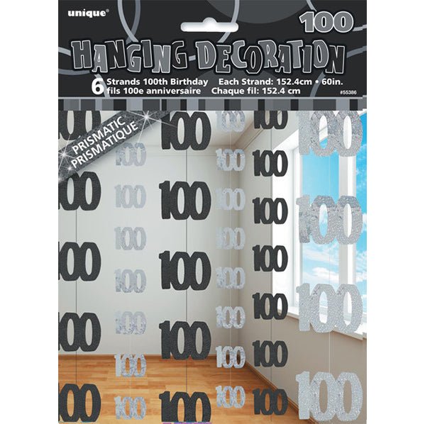 Glitz Black & Silver "100" Hanging Decorations (Pack of 6) - The Party Marketplace