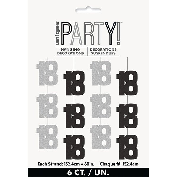 Glitz Black & Silver "18" Hanging Decorations (Pack of 6) - The Party Marketplace